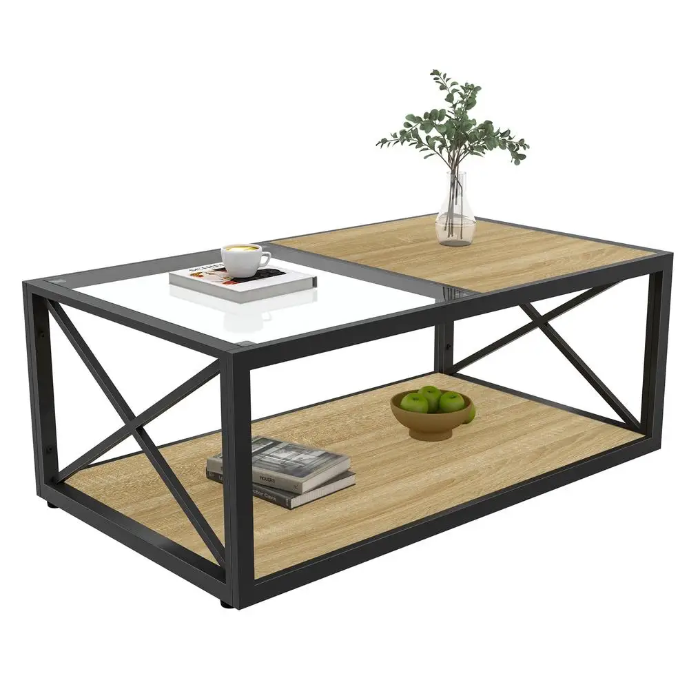Tavolino moderno in stile industriale con piano in MDF in legno di vetro temperato per soggiorno, camera da letto, struttura a X
