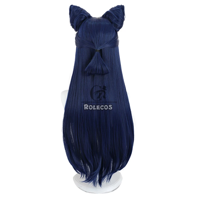Rolecos jogo de cabelo sintético lol mitmaker nami cosplay perucas com pães halloween 75cm longo azul escuro peruca mista cabelo sintético