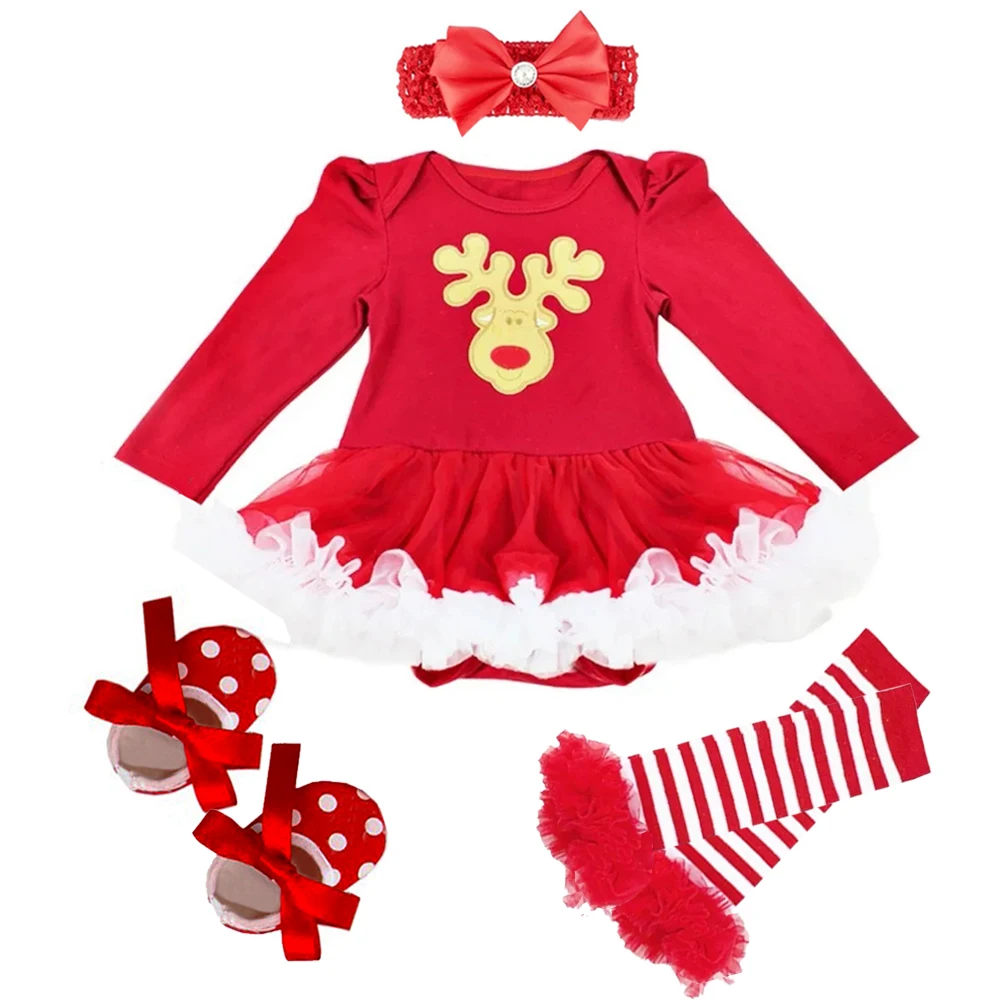 

Christmas Baby Girl Clothes Newborn My First Christmas Costume Roupa Baby Tutu Rompers Girls Dress Infant Lace 4pcs Clothing Set