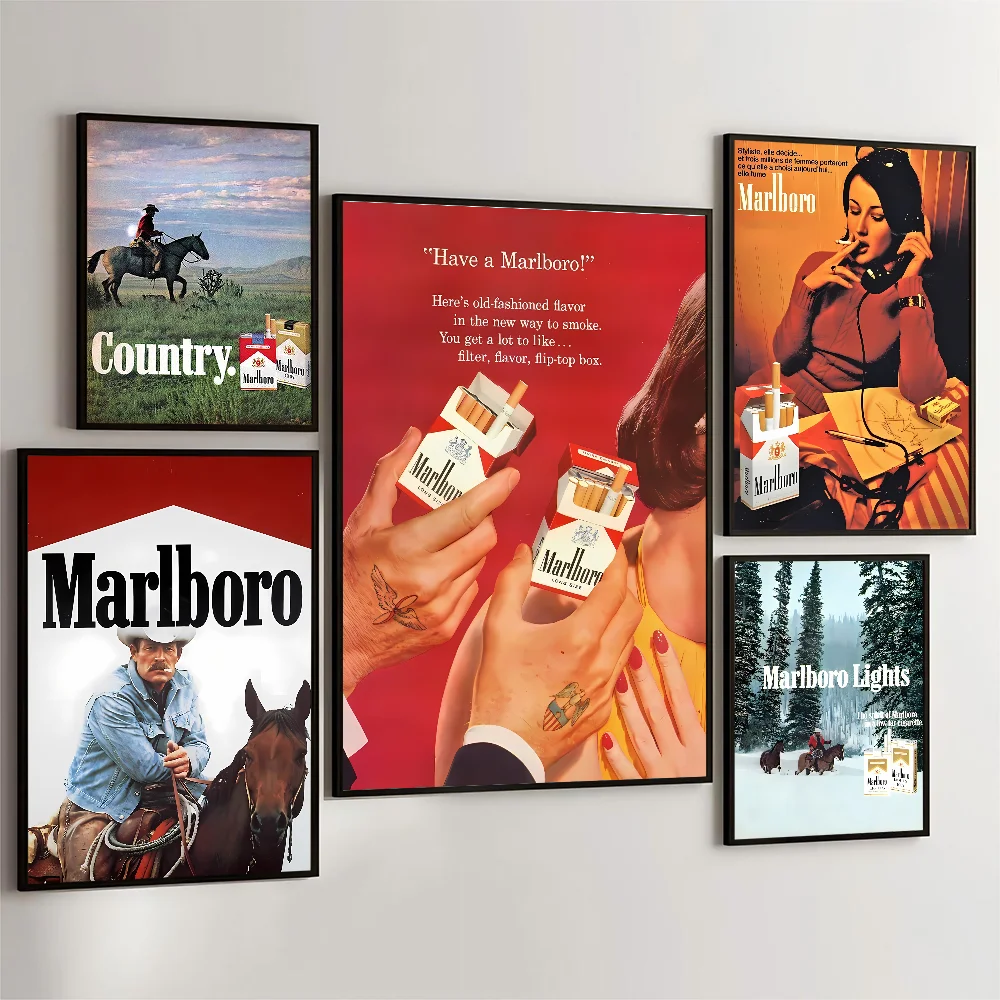 M-Marlboro Vintage Cigarettes Self-adhesive Art Poster Retro Kraft Paper Sticker DIY Room Bar Cafe Stickers Wall Painting