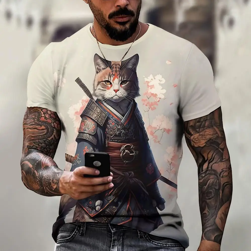 Animal T-Shirts For Men Summer Short Sleeve Tee Japanese Samurai Pattern Print Oversized Clothing Fashion Casual Streetwear