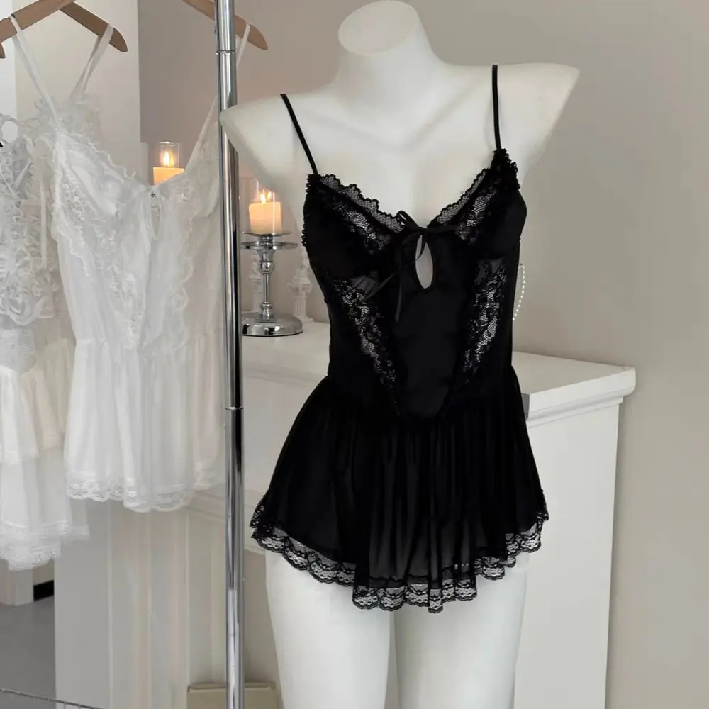 

Fashion Bowknot Lace Nightgown Transparent Hollow Sling Nightwear Sweet Women Lingerie Lace Mesh Nightdress Home