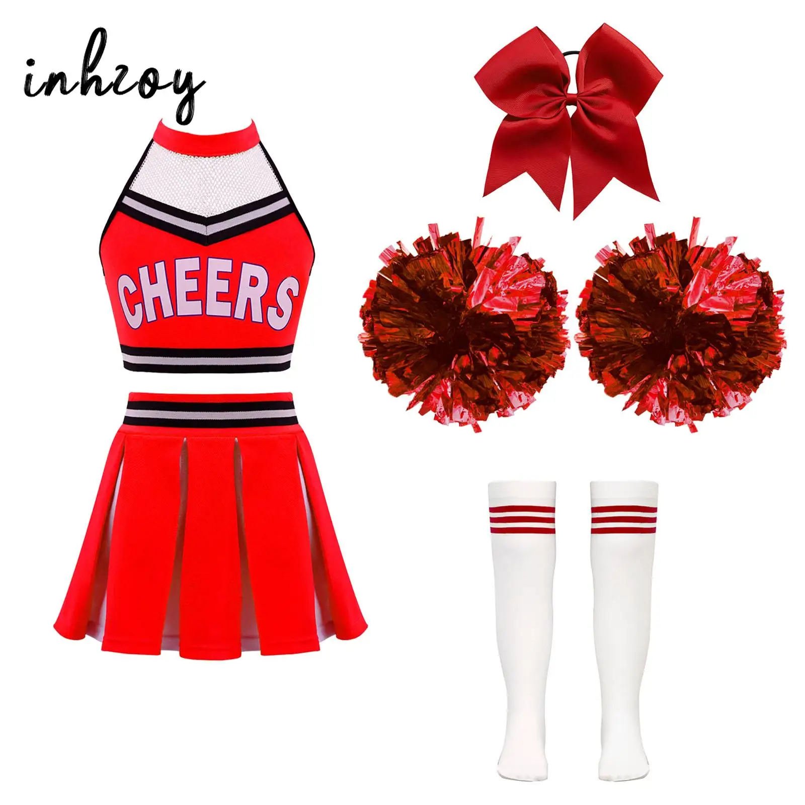 Girls Cheerleader Uniform Dance Costume Halter Mesh Patchwork Cheers Print Crop Top with Pleated Skirt Pompoms Cheerleading Suit