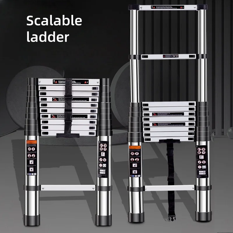 Stainless steel telescopic straight ladder, portable telescopic ladder, household climbing ladder, stainless steel elevator