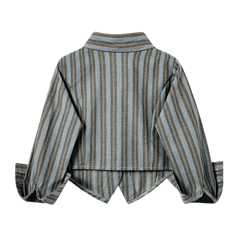 Women\'s Brown Striped Shirts and Blouses Y2k Vintage Harajuku 2000s Elegant Oversize Polo-Neck Long Sleeve Shirts Clothes Summer