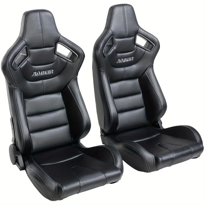 High Quality Universal Black  Leather Gray Stitch Racing Bucket Seats With Dual Lock Sliders