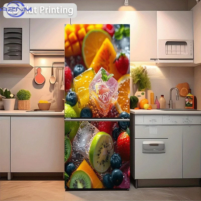 Printing Refrigerator Sticker Chilled Colorful Fruit Platter Theme Scene Wall Decal Self-Adhesive Wallpaper Suitable