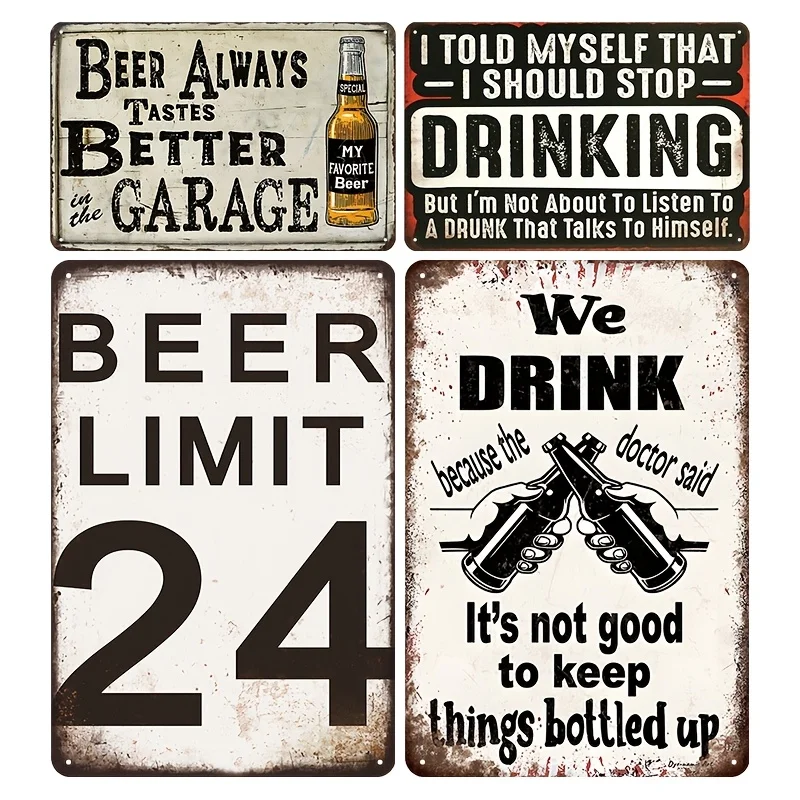 4pcs Vintage Beer And Wine Metal Signs- For Man Cave, Bar, Pub, Home Retro Drunk Slogan Wall Decor- 20X30 Cm Stylized Metal