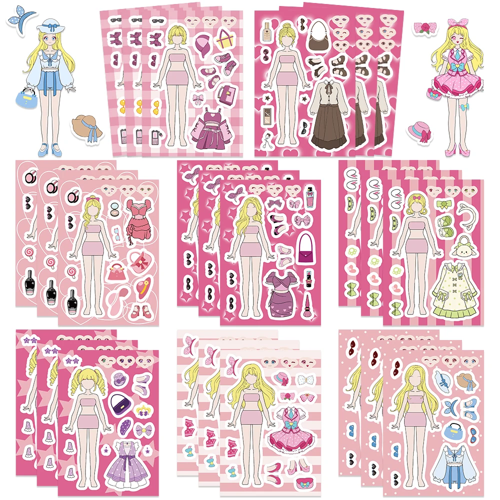 

8/16/32Sheets Cartoon Cute Girl's Wardrobe DIY Puzzle Stickers Dress Up Game Face Funny Assemble Stickers Girls Toys Gifts