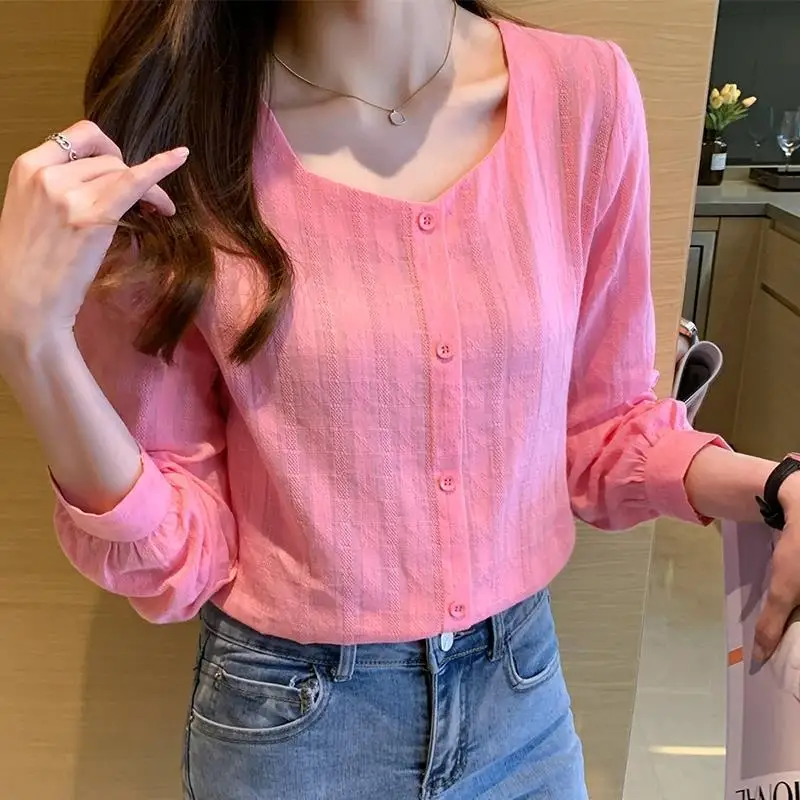 Women Korean Fashion Square Collar Long Sleeve Button Shirts New Autumn Office Lady Elegant Blouses Casual Solid Chic Tops Blusa