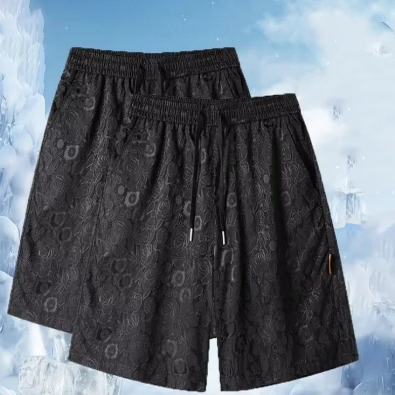 Summer breathable ice silk casual thin shorts for men, loose and versatile, plus size straight leg five quarter pants