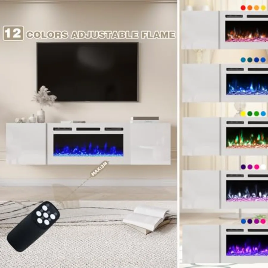 حامل تلفزيون عائم مثبت على الحائط مقاس 70 بوصة مع مدفأة كهربائية مقاس 36 بوصة مركز ترفيه عالي اللمعان مع مساحة تخزين 12 لون لهب He #4