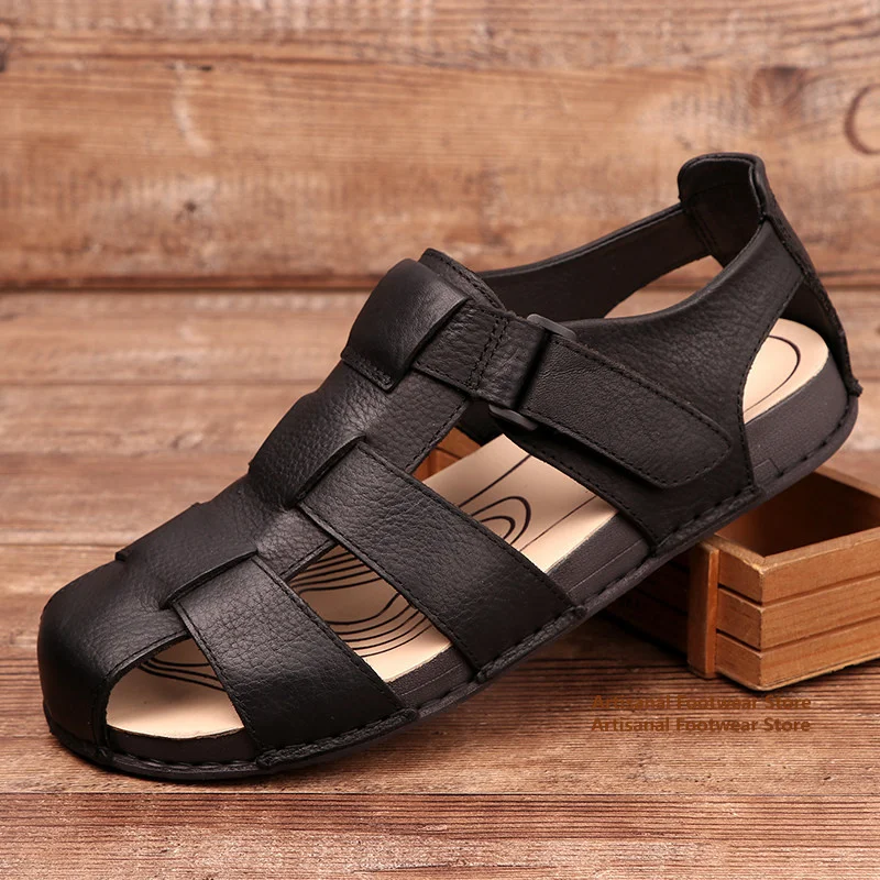 Hollow-Out Black Leather Men's Sandals Summer Leather Sandals Men's Real Leather Non Slip Soft Leather Soft Bottom Men's Shoes