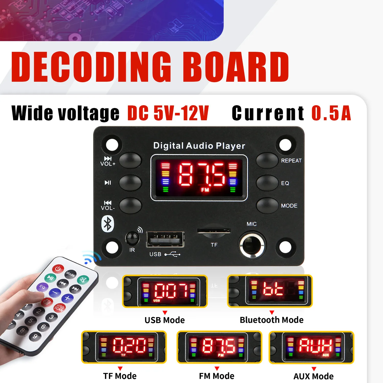 Bluetooth 5.0 DC 12V MP3 Decoder Board Wireless Car MP3 Player USB Handsfree Microphone Recording TF FM Radio Power Off Memory