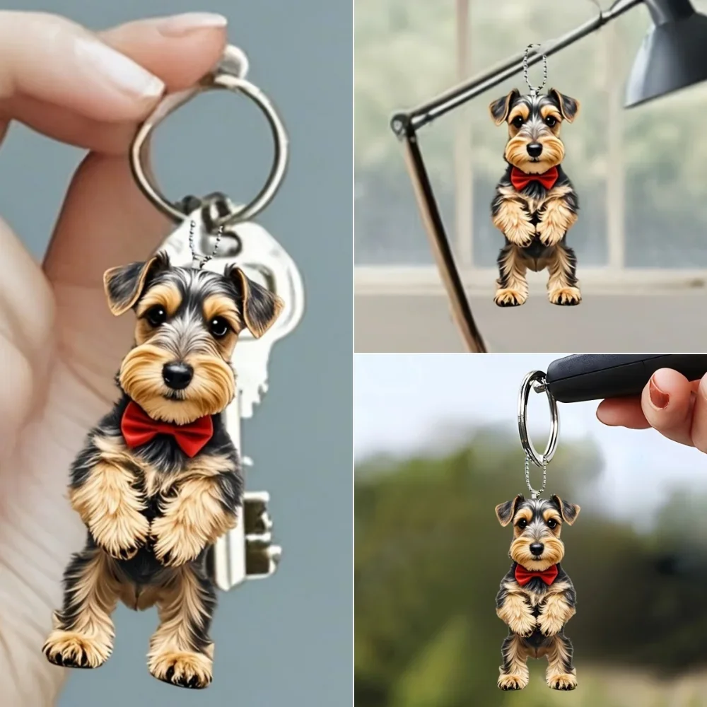 Cute Schnauzer-Patterned Pendant Keychain,Dog with Bow Tie 2D Flat Acrylic Hanging Charm,Decor for Car,Bags,Festive,Party,Gift
