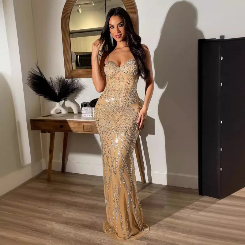 Znaiml الفاخرة النساء المشاهير السباغيتي حزام بلا أكمام حفلة موسيقية رسمية حورية البحر فستان ماكسي مثير سباركلي حجر الراين عيد ميلاد Vestido