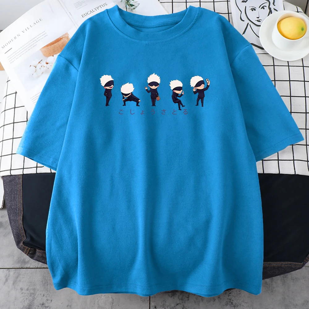 Japanese Anime Lil Gojo Prints Male Cotton Tee Clothing Personality Street Hip Hop T-Shirts Oversize Casual Mens Short Sleeve