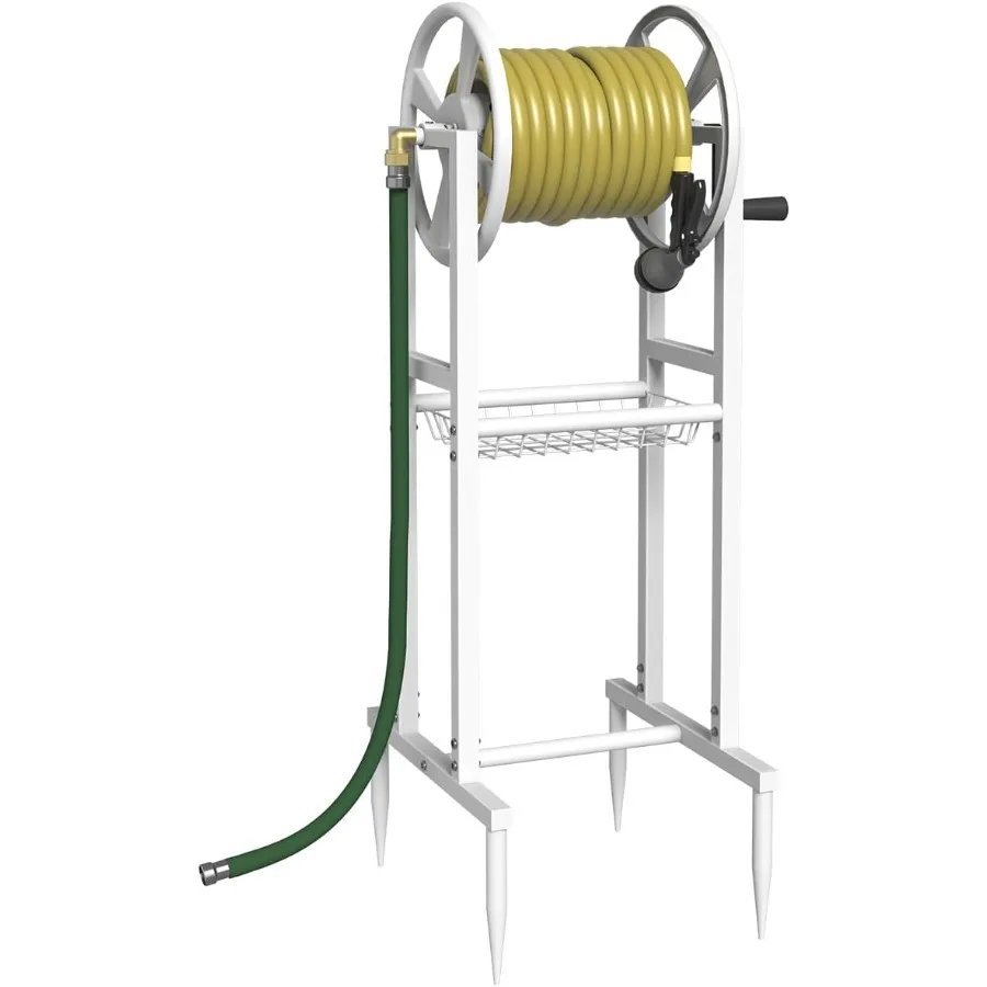 지상 설치형 정원 호스 릴, 5/8인치 호스 125피트 및 3.9피트 리더 브라스 피팅 포함, 물 호스 홀더 스탠드
