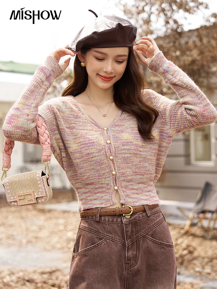 MISHOW Mohair Wool Striped Knitted Tops 2023 Autumn Korean Slim V-Neck Metal Buttons Single Breasted Streetwear Top MXC41Z0158