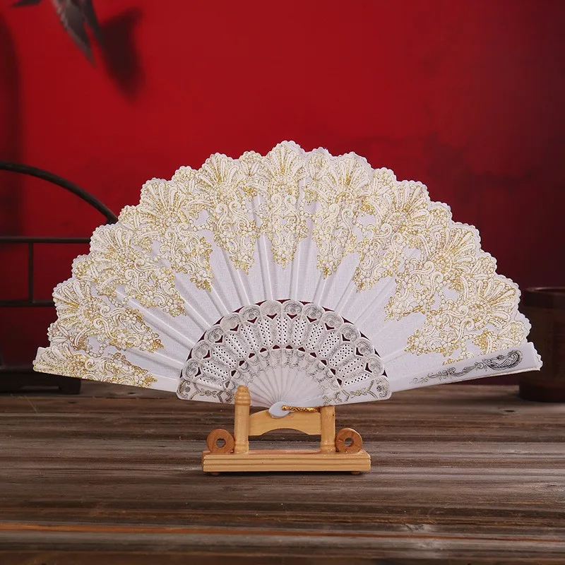 Ventilador de adereço hanfu chinês, ventilador dobrável em pó dourado, polvilhado com ouro, estilo chinês, adereço de dança, presente de performance de estudante, dramatização c