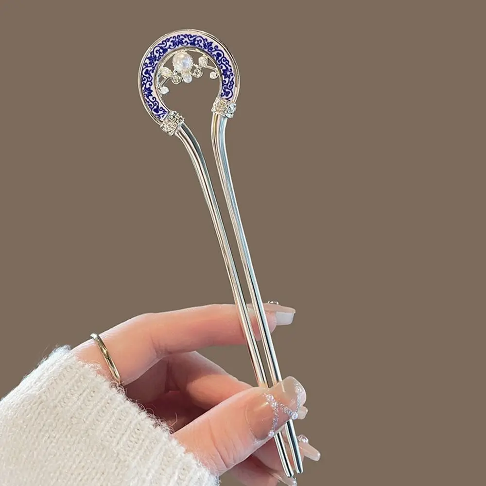 Pearl Metal U Shape Hair Stick Blue and White Porcelain Hollow Hanfu Hairpin Hair Sticks for Buns Hair Accessories