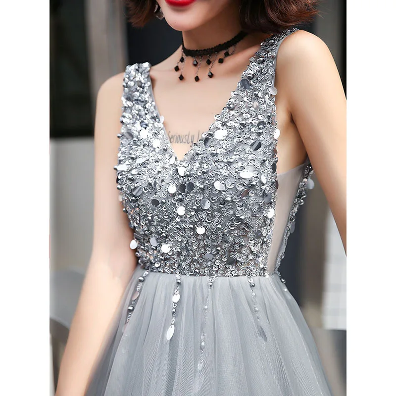 2024 A-line Prom Dress with Layers Skirt in Glittering Tulle Scroll Lace Bodice V-neck with Thin Straps Sliver Gray Gown