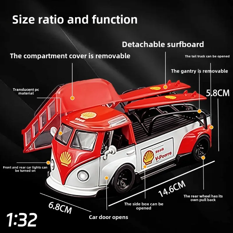 1/32 Volkswagen T1 Bus Alloy Car Model Detachable Vehicle Sound and Light Pull Back Collection Miniature Voiture Toy Gift Boy