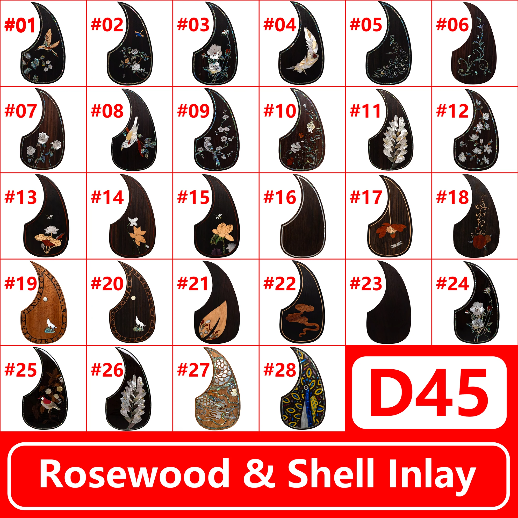 

Накладка для акустической гитары из цельного палисандра с инкрустацией из настоящего морского ушка — самоклеящаяся для D-45, совместимая с большинством гитар диаметром 40–42 дюйма.