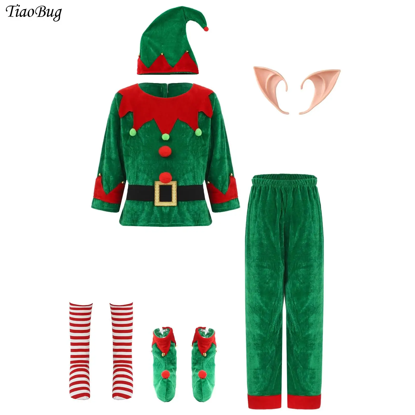 Disfraz de elfo verde para niños de Navidad, fiesta familiar de Año Nuevo, disfraz de Papá Noel elegante con camisa, pantalones, sombrero, cinturón con orejas de elfo, medias