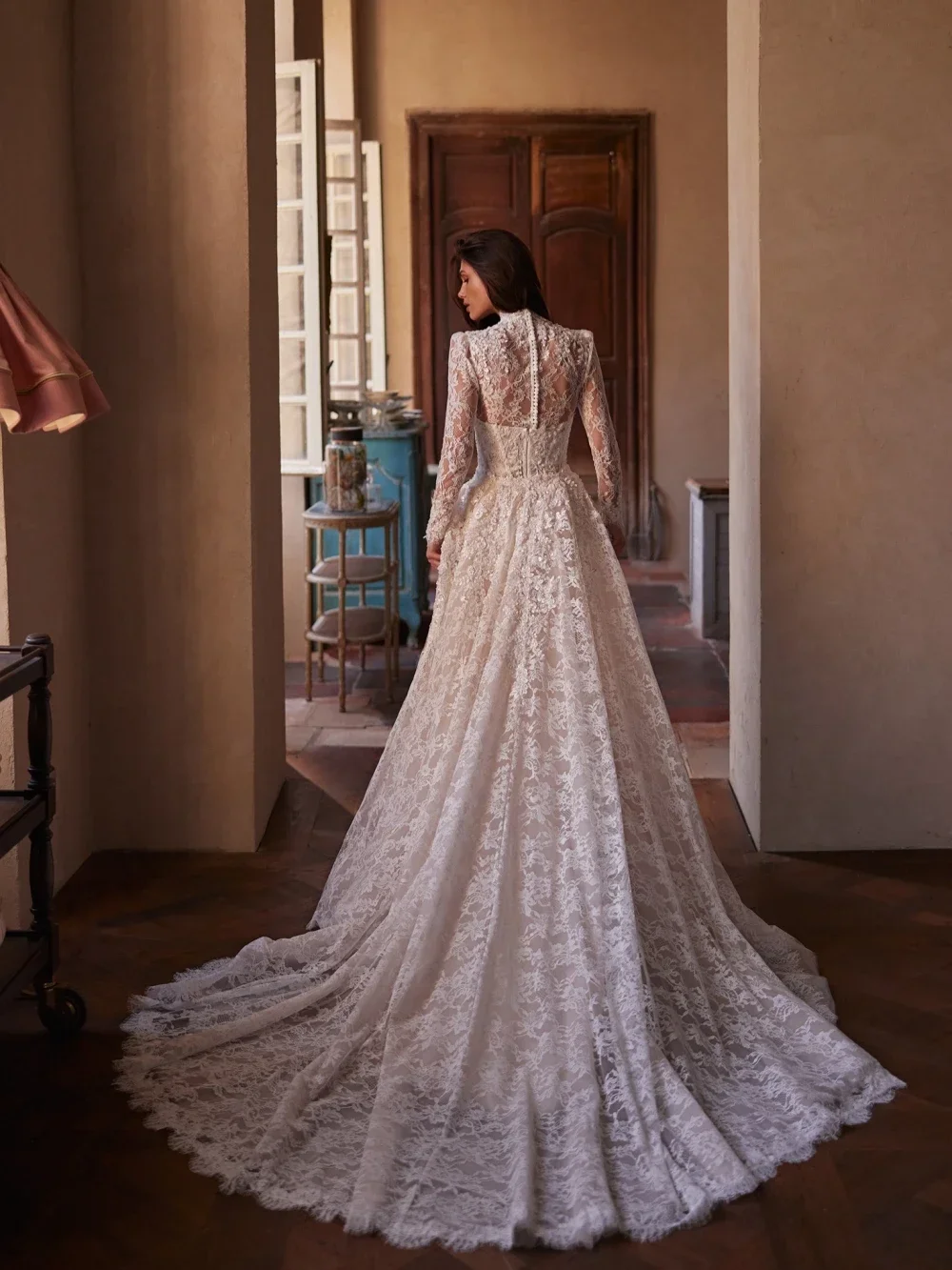 Detachable Train Beaded Lace Wedding Dress Luxurious High Collar Long Sleeve Bridal Gown Customized Elegant Dresses For Bride