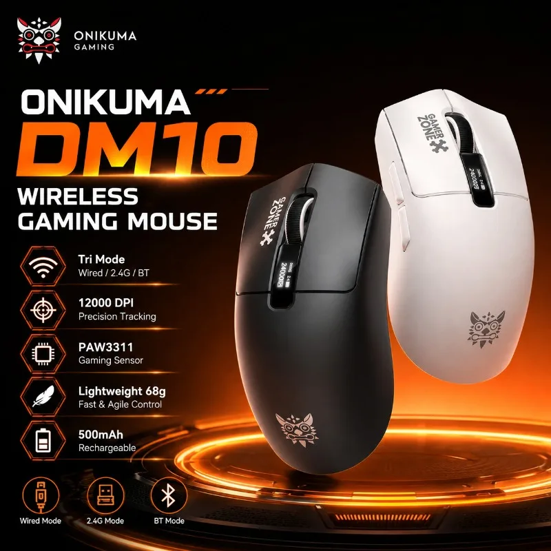 ONIKUMA DM10 Wireless Gaming Mouse Tri Mode PAW3311 12000 DPI 1000Hz Polling 68G Lightweight Rechargeable for PC Laptop Esports