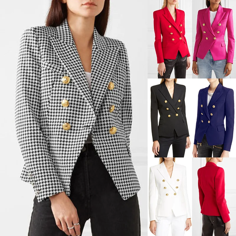 Temperament Houndstooth Blazer Women Fashion Lapel Long Sleeve Slim Double Breasted Blazer Coat Female Commuting Clothing New