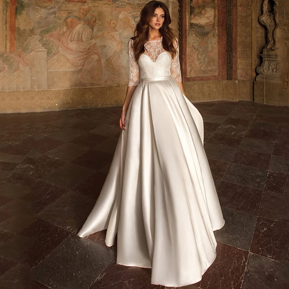 

Lace and Satin Classic Wedding Dress Illusion Half Sleeves Gorgeous with Belt A-Line Floor Length Bridal Marriage Gowns Robe