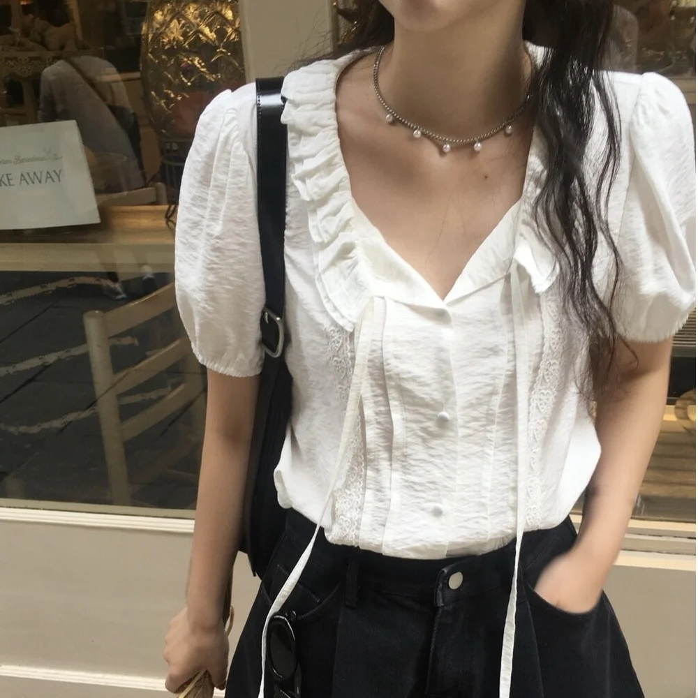 

Chic Summer Design Sensation Women's Shirt Single Button Bubble Short Sleeve Tunic with Sash Korean Style Loose Fit Polyester...