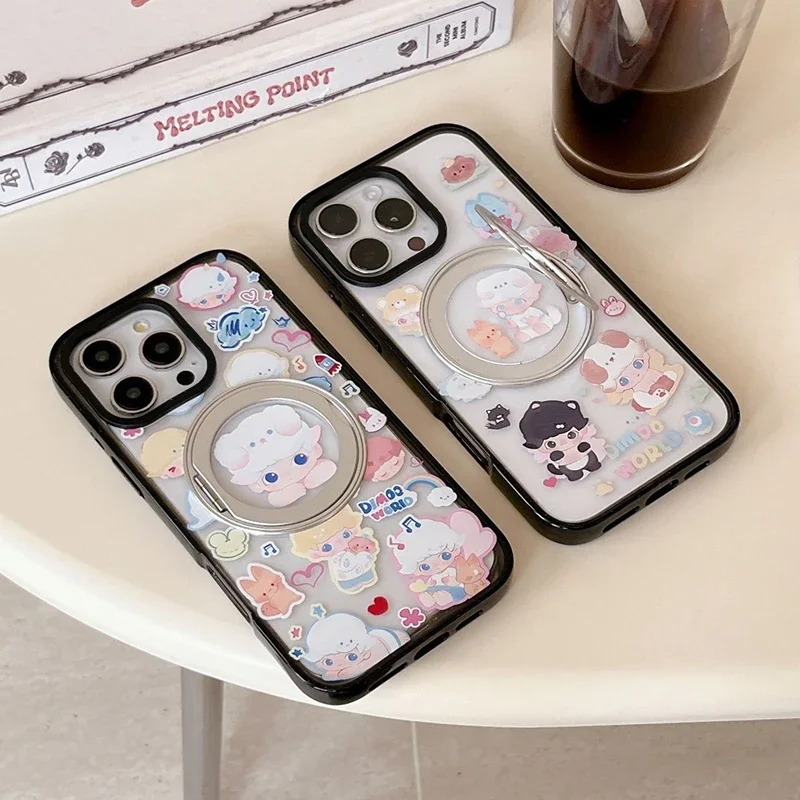 

Cartoon Doll Cloud Rotating Stand Black Border Phone Case Cover for IPhone 14 15 16 Pro Max Case