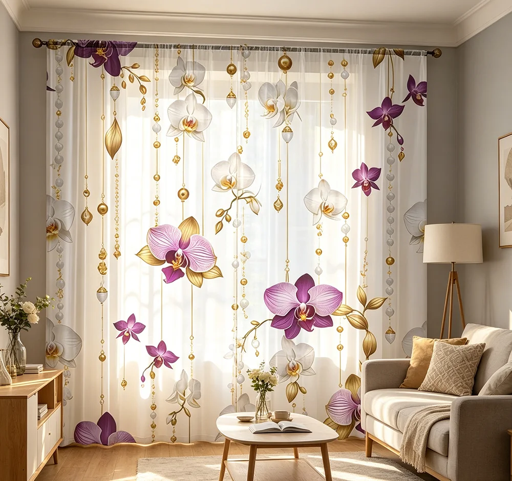 2PCS Digital Printed Sheer Curtain, Chain Orchid Flower Print, Elegant Vintage Floral Chain for Living Room Bedroom Home Decor