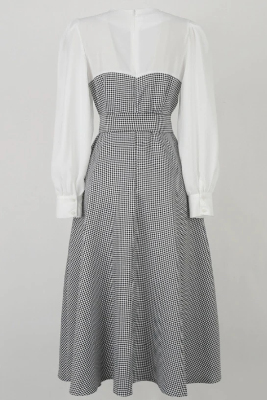 الخريف الرجعية جولة الرقبة وهمية قطعتين الربط اللباس الكورية العصرية تصميم عالية الخصر منقوشة فستان طويل الأكمام OL نمط فساتين