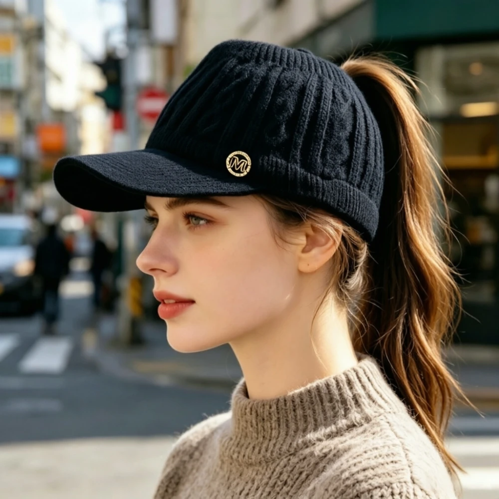 Autumn and Winter Woolen Duck Tongue Cap Teenage Fashion Versatile Hat Female Leakage Ponytail Outdoor Padded Warm Knitted Cap