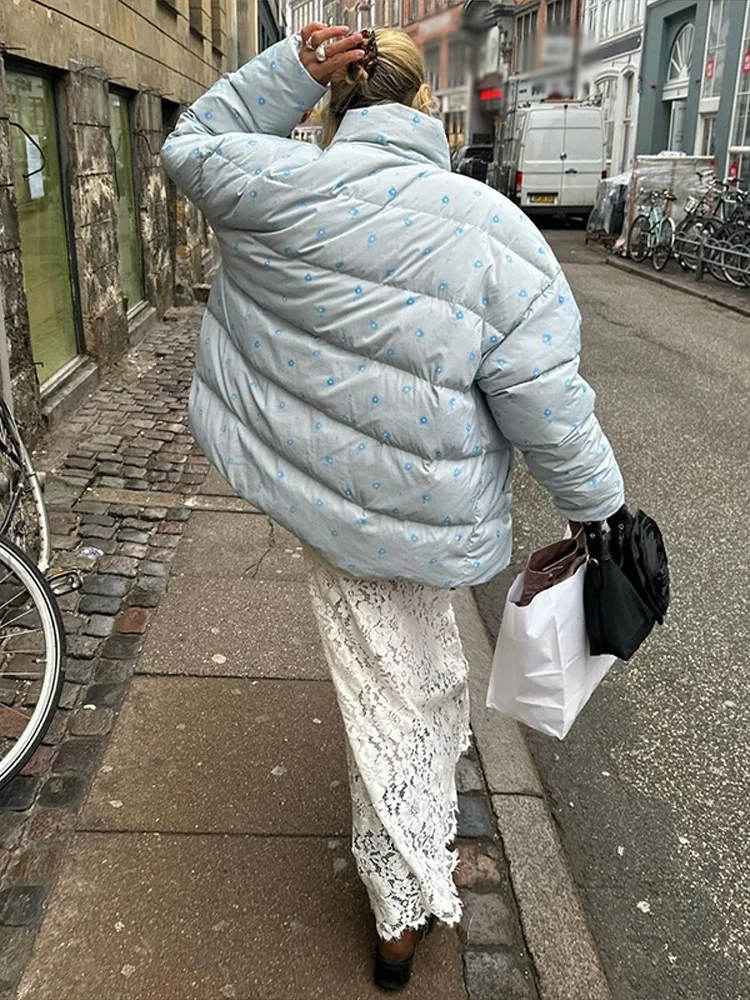 Women's New Warm Jackets Stand Collar Print Hooded Cotton Jacket Woman Detachable Hat Loose Long Sleeve Casual Coats Versatile