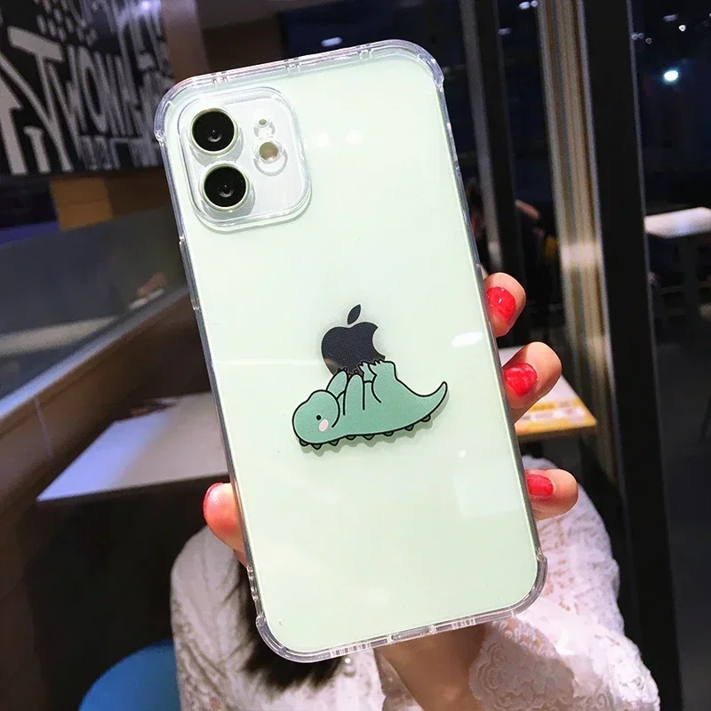 Funny Cute Cartoon Dinosaur Clear Phone Case For iPhone 16 15 14 13 Pro Max 12 11 X XS XR Mini 15 Plus SE Soft Shockproof Covers