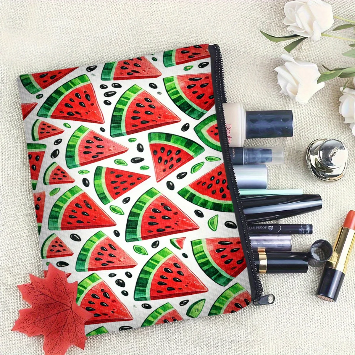 A Watermelon slice patterned makeup bag - cute multifunctional zipper pouch for women, jewelry storage bag