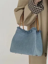 Denim Bucket Bag 2023 New Women's Foldable Stretchable Magnetic Buckle Handbag Street Trend Personalized Small Square Bags