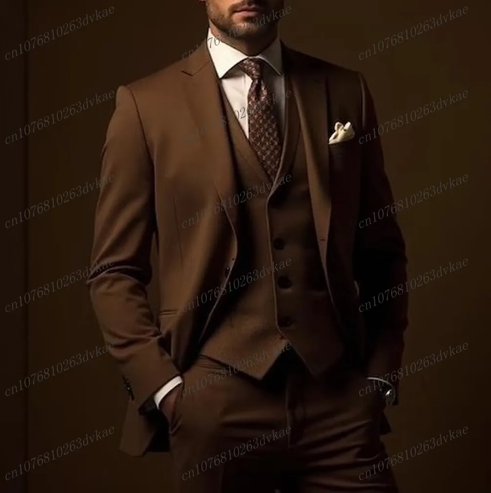 

Темно-коричневый мужской костюм для свадебной вечеринки, формальный жених, жених, выпускного вечера, деловые мужские смокинги, комплект из трех предметов по индивидуальному заказу, куртка, жилет, брюки