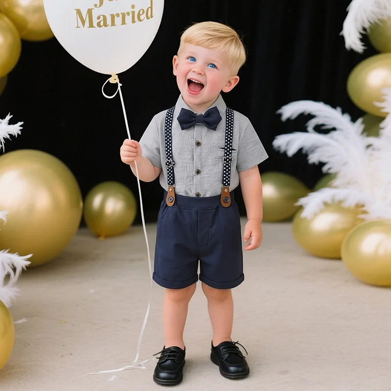 2026 New Style Two-piece Romper Suit for Boys, Summer British Style Dress for Boys, Children's Clothing Set
