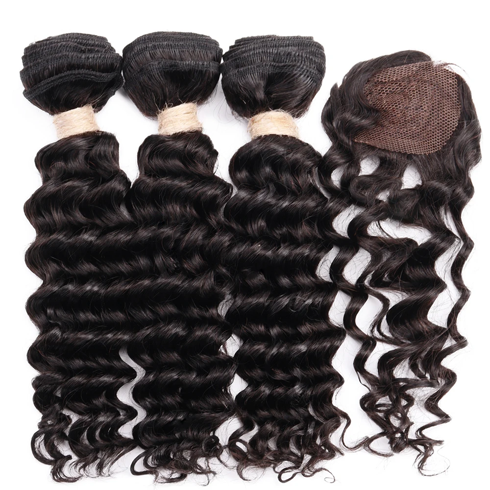 Deep Wave Body Wave Straight Human Hair Bundles With Closure Indian Hair Weave 3 Bundles With Machine Made Closure view 2