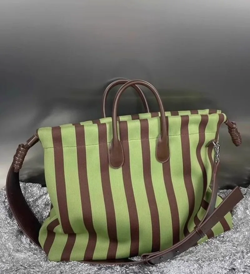 

NEW Large Capacity Elastic Stripe Bucket Bag Tote Shopping Bag Crossbody Shoulder Bag Drawstring Soft Fabric Handbag
