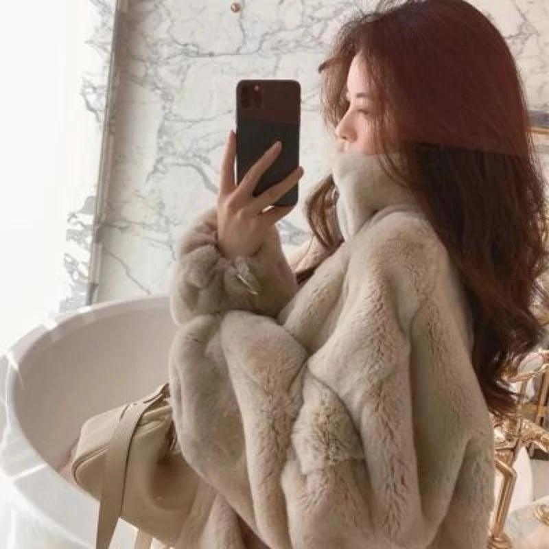 Faux Fur Coat for Women Loose Faux Rabbit Fur with Plush Thick Stand Collar Zipper Winter Jacket Women Korean Plush Coat Outwear