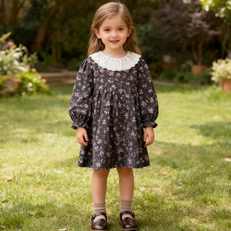 

Новое модное детское платье в корейском стиле для девочек: весенне-осеннее, с длинным рукавом, оборками и цветочным принтом