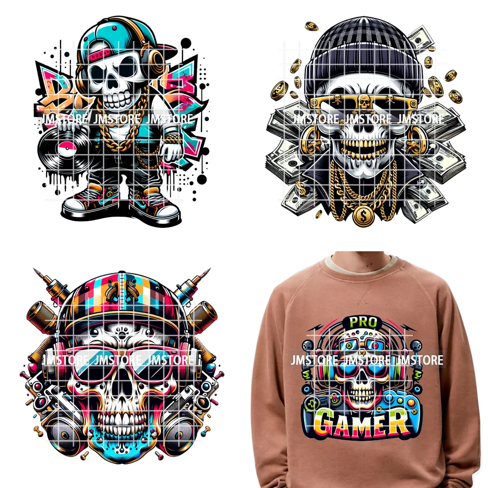 12in Colorful Graffiti Streetwear Skeleton Game Over Iron on DTF Thermal Transfers Stickers Printing Ready to Press for T-shirts