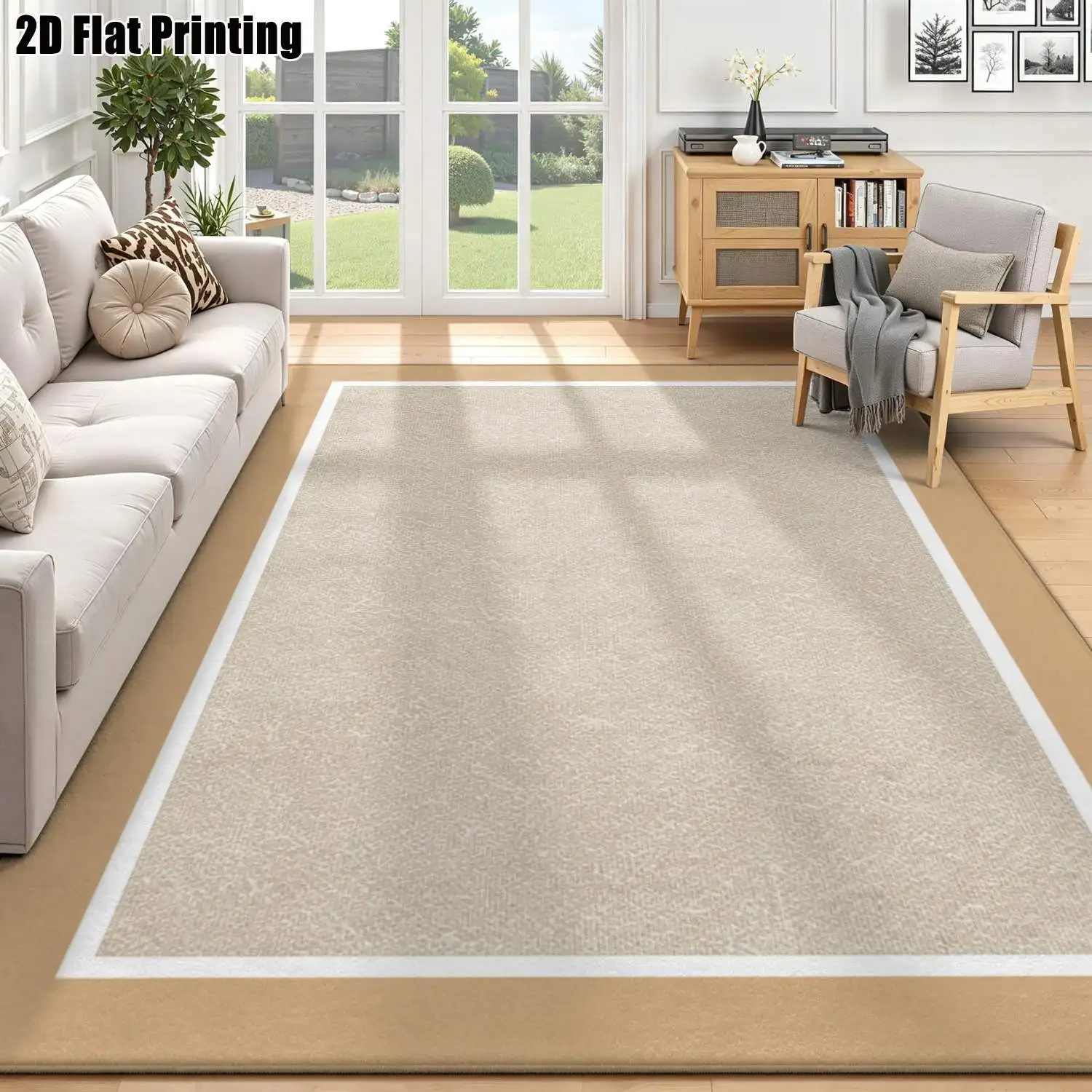 1Pc 2D Printed Beige-White Nordic Style Geometric Striped Carpet, Machine Washable, Multi-Size, for Home Decor & Multi-Scene Use